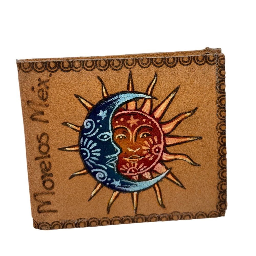 Morelos Mexico Hand Painted Leather Sun Moon Bifold Wallet Tan Celestial Zipper